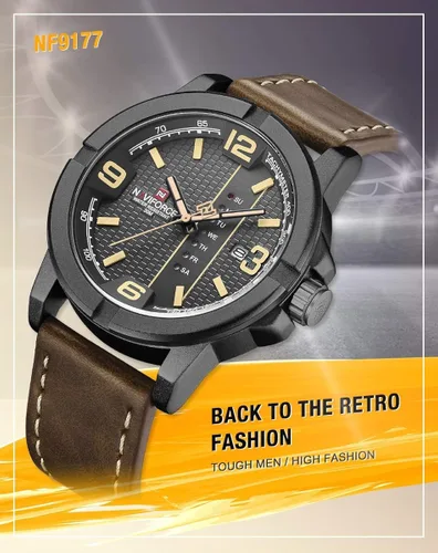 Vista 2 de NAVIFORCE Date Quartz Men Casual Militar Sports Japón Movimiento de cuarzo de cuero genuino Relojes de pulsera (amarillo)