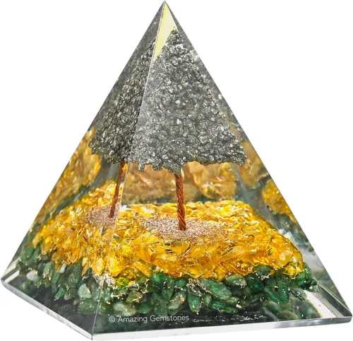 Vista 10 de Orgonita Amazing Gemstone Orgón Pirámide Extra Grande 105 MM - Pirámide de Energía de Orgón con Cristales de Amatista, Árbol de Peridoto y Piedra