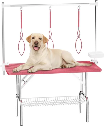 Vista 11 de Mesa profesional de aseo para perros y mascotas, ajustable, resistente, portátil, con brazo y lazo y bandeja de malla (gris, 36 pulgadas)