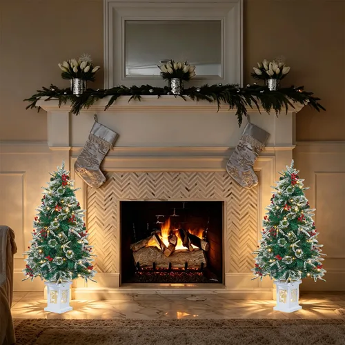 Vista 5 de Árbol de Navidad artificial preiluminado de 3 pies con base vintage en Árbol de abeto de Navidad iluminado con luces LED, funciona con pilas y 8
