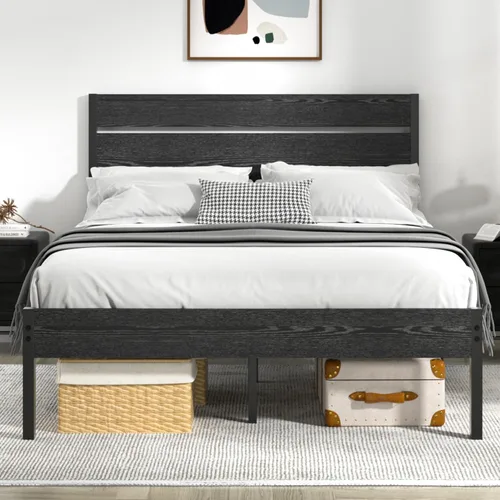 Vista 14 de VECELO Base de cama tamaño individual, plataforma de metal resistente con cabecera de madera, no necesita somier, color marrón antiguo