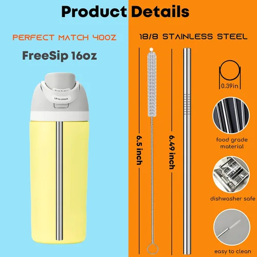 Vista 2 de ALINK Pajitas de acero inoxidable para botella de agua aislada Owala FreeSip de 16 onzas, paquete de 6 popotes de repuesto de metal reutilizables