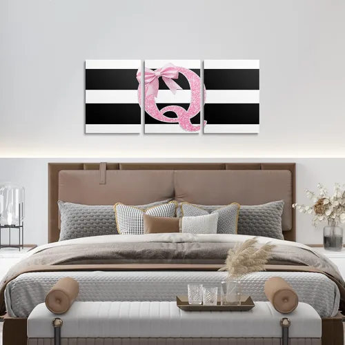 Vista 4 de Erosebridal Lienzo decorativo con monograma de 12 x 16 pulgadas, diseño de letra inicial de lazo rosa, decoración de pared, rayas blancas y negras