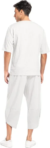 Vista 4 de Babioboa Conjunto de 2 piezas de lino para hombre, camisa hippie de manga corta y pantalones capri harén holgados para playa, pantalones de yoga