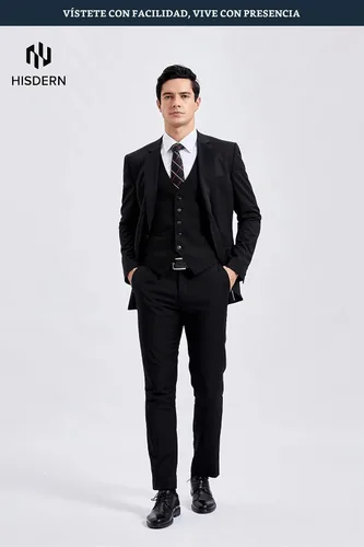 Vista 4 de HISDERN Vest 101 - Chaleco de traje ajustado para hombre con 3 bolsillos para negocios, formal, boda, baile de graduación y esmoquin casual a1-Negro