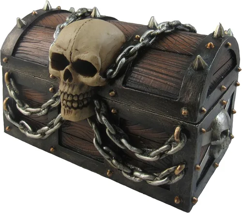 Vista 2 de DWK Cofre del tesoro del terror con calaveras y cadenas, caja de baratijas de cofre de pirata de 6 pulgadas.