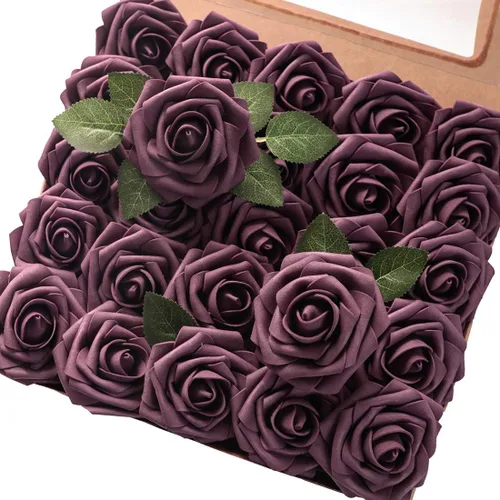 Vista 29 de Floroom Flores artificiales, 25 piezas de rosas falsas de espuma dorada antigua de aspecto real con tallos para ramos de boda DIY, centros de mesa
