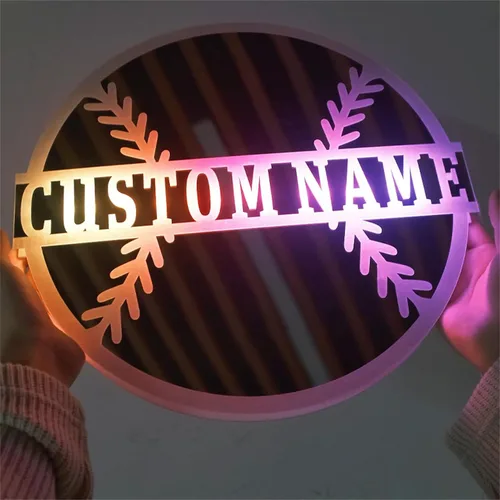 Vista 2 de Espejo de béisbol personalizado para pared, espejo personalizado con nombre de jugador de béisbol con luz LED, letrero de neón acrílico de béisbol