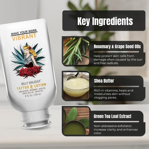 Vista 2 de Billy Jealousy Tattoo Lotion for All Skin Types Formulated with Shea Butter, Essential Oils & Green Tea Leaf Extract, Tattoo Aftercare that