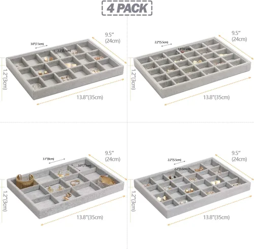 Vista 2 de DIOMMELL Juego de 4 bandejas apilables de terciopelo para joyas, caja de almacenamiento de exhibición, soporte para aparador, cajón organizador