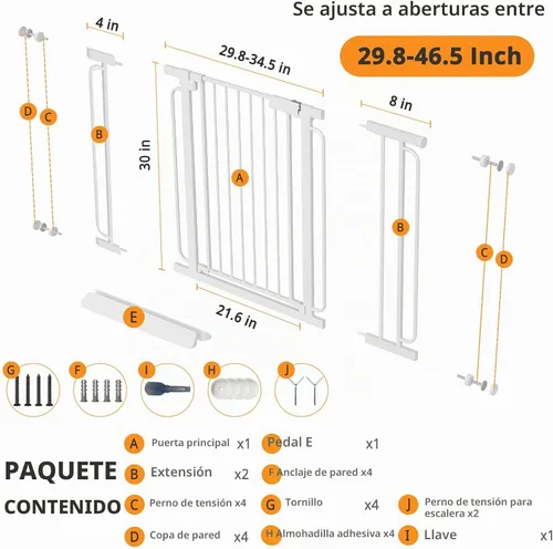 Vista 2 de Puerta de bebé para escaleras de 29.8 a 46.5 pulgadas montada a presión, puertas de bebé para niños de cierre automático para puertas sin taladro