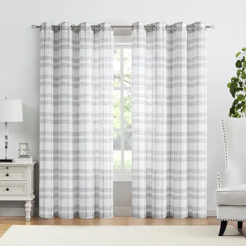 Vista 8 de SXZJTEX Cortinas a cuadros grises y blancos, cortinas rústicas de lino traslúcido a cuadros de 63 pulgadas de largo para sala de estar, dormitorio