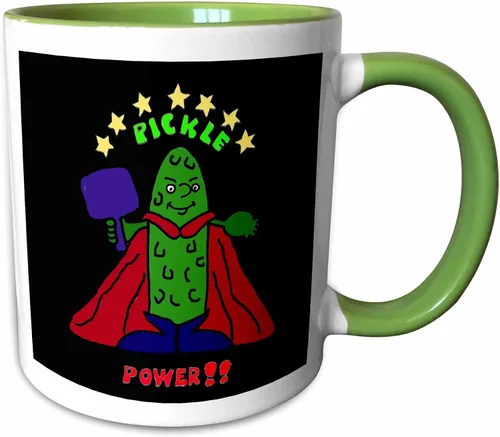 Vista 12 de 3dRose Taza de café, tamaño – 11 oz – Divertido superhéroe de pickleball de dibujos animados Pickle Sports and Hobbies – divertido regalo de taza