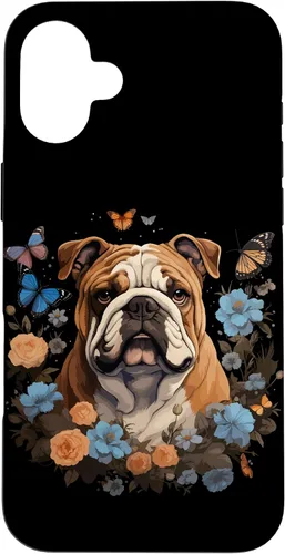 Vista 23 de Funda para iPhone 16 Bulldog Inglés con Flores y Mariposas
