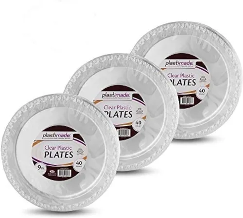 Vista 6 de Platos llanos de 9 pulgadas de plástico transparente, desechable, resistente, ideal para bodas, catering, fiestas, bufés, eventos o uso diario, 1