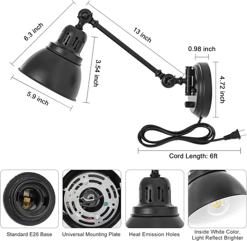 Vista 6 de GOODATE Apliques de pared enchufables, iluminación de pared con interruptor de encendido y apagado regulable, lámpara de pared con brazo oscilante