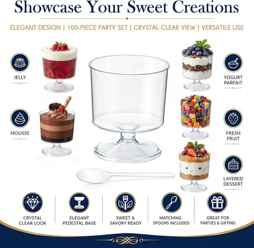 Vista 3 de 100 mini tazas de postre de 2 onzas con 100 cucharas de plástico transparente, tazones de mousse con pies y pedestal de frutas, parfait aperitivo