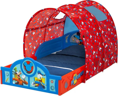 Vista 3 de Delta Children - Cama para dormir y jugar para niños pequeños con tienda de campaña, Mickey Mouse de Disney, Azul/Rojo