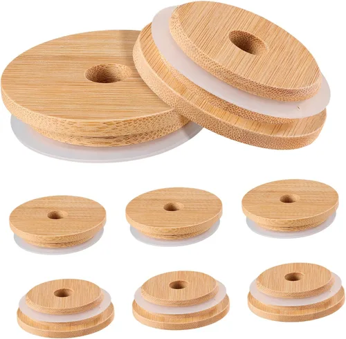 Vista 7 de Hemoton 8 tapas para tarros con anillo de sellado, tapas reutilizables de bambú para frascos, para latas de boca ancha, 2.47 pulgadas