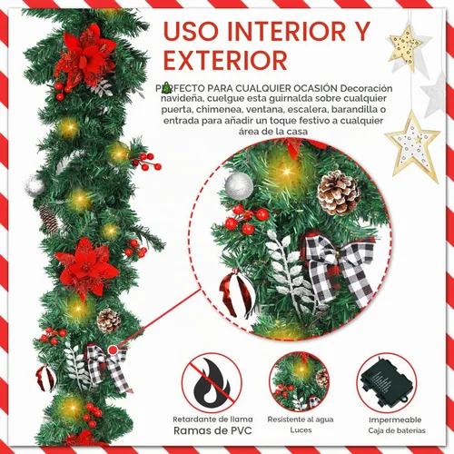 Vista 3 de Guirnalda de Navidad con luces, decoraciones de Navidad preiluminadas de 9 pies con 50 luces LED, con caja de batería impermeable, uso en interiores