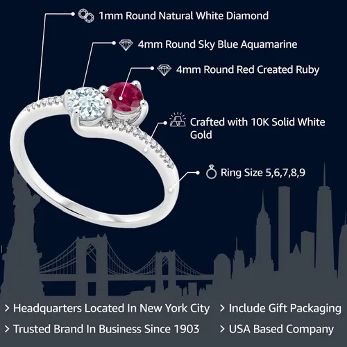Vista 2 de Gem Stone King Anillo de compromiso Forever United de oro blanco de 10 quilates con 2 piedras rojas creadas en rubí y azul cielo aguamarina