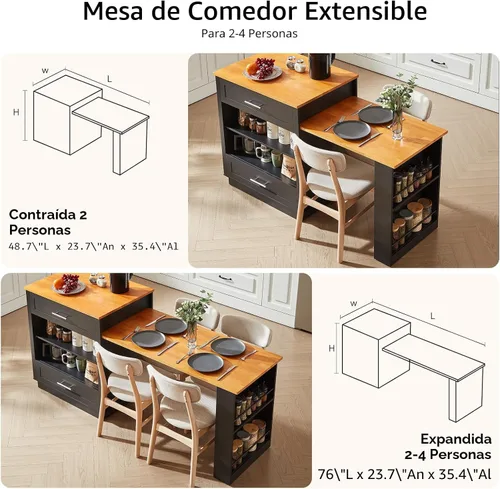 Vista 2 de ONBRILL Islas de cocina de 76 pulgadas con mesa de comedor extensible, mesa de isla para 2-4 personas con almacenamiento de doble lado, carrito