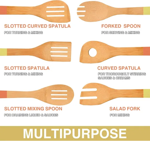 Vista 5 de BaHoki Essentials Utensilios de cocina de bambú – Surtido de utensilios de madera natural – sin químicos – Ideal para el cocinero promedio