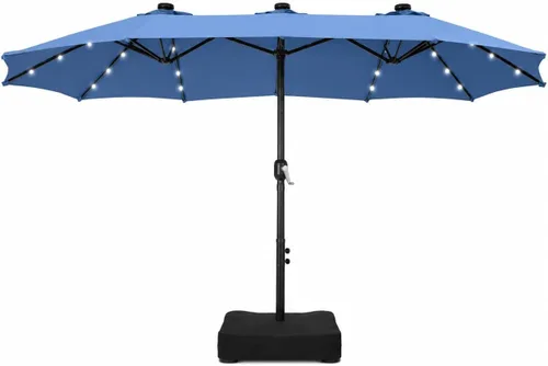 Vista 13 de PHI VILLA Sombrilla de patio grande de 15 pies con base y luces solares, paraguas rectangular de doble cara para exteriores con 36 luces LED, Beige