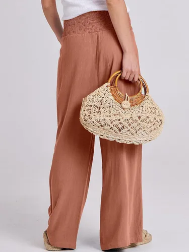 Vista 4 de Caracilia Pantalones palazzo de lino para mujer, estilo bohemio, pierna ancha, cintura alta, fruncidos, informales, con bolsillo