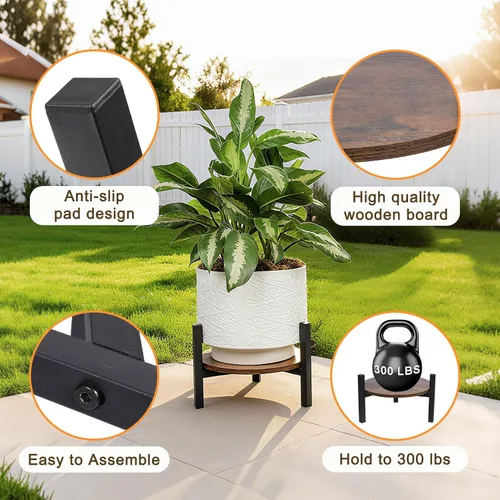 Vista 3 de Vigordream Soporte para plantas de interior, taburete de madera de metal resistente resistente para plantas, soporte de maceta baja y corta