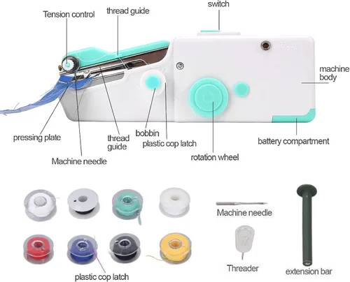 Vista 5 de Jeanoko Mini máquina de coser portátil, máquina de coser de mano, multiusos, máquina de coser portátil inalámbrica para principiantes, niños
