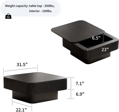Vista 3 de Mesa de café cuadrada pequeña con almacenamiento, mesa de café moderna de madera con chapa de madera maciza, mesa central estriada