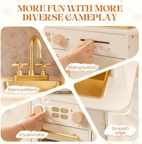 Vista 6 de ROBUD Juego de cocina de madera, juego de cocina para niños, juego de cocina de juguete con 17 accesorios realistas, regalo ideal para niños y niños