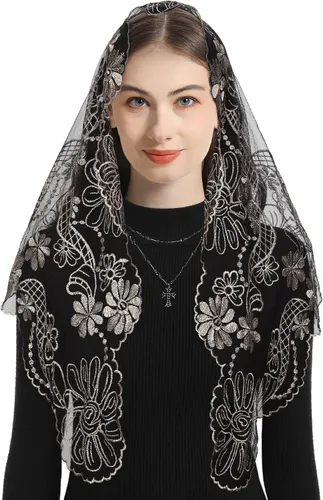 Vista 2 de Bozidol Mantilla triangular con velo de iglesia Cruz de cáliz bordado, velo de misa católica vintage para mujer