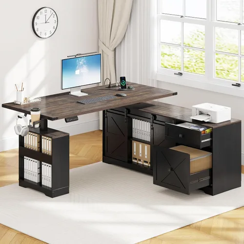 Vista 12 de St.Mandyu Escritorio eléctrico de pie en forma de L de 55 pulgadas con cajón de archivos y puerta corrediza, escritorio de esquina de altura