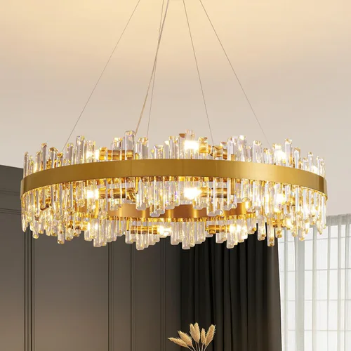 Vista 15 de Siljoy - Candelabro de cristal moderno, 12 luces, lujoso, redondo, de 2 niveles, con cristal K9 en forma de gota de lluvia, lámpara colgante de Oro