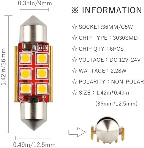 Vista 2 de 1797 36mm C5W 6411 6418 DE3425 Bombilla LED para luz de domo de coche, blanco cálido 3030 SMD para mapa, placa, maletero, interior, lámpara