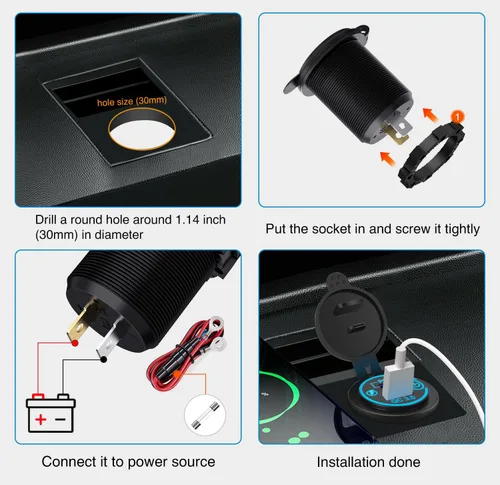 Vista 2 de Nilight 2 Pack PD Type C y QC 3.0 Panel de toma rápida USB con interruptor táctil LED ON Off, kit de cable fundido para coches, camiones