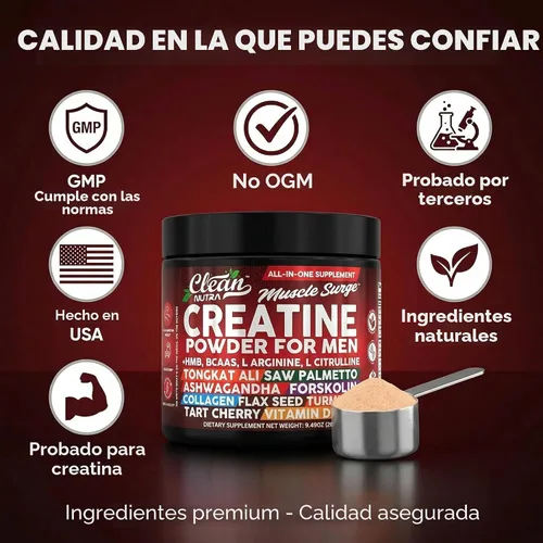 Vista 8 de Clean Nutra Creatina en polvo para hombres + HMB BCAA L Arginina L Citrulina Tongkat Ali Saw Palmetto Ashwagandha Colágeno Semilla de Lino Cúrcuma