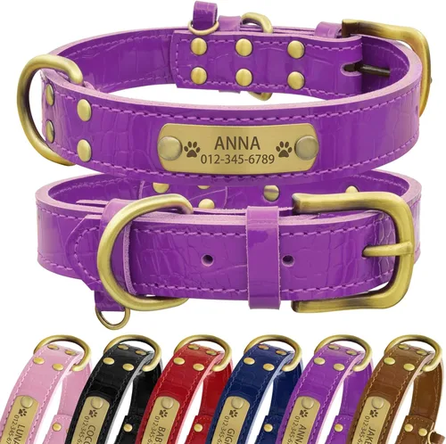 Vista 19 de Collar de perro de cuero genuino personalizado Senristar con placa de nombre grabada - Collar para perro duradero y elegante personalizado para Negro