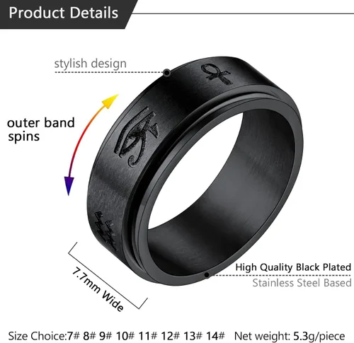 Vista 7 de U7 Rhinestone Eye of Horus Ring, Ankh Cross Rng, Stainless SteelBlack18K Gold Plated Egypt Rings, Protection Rings for Men Women Size 7-14