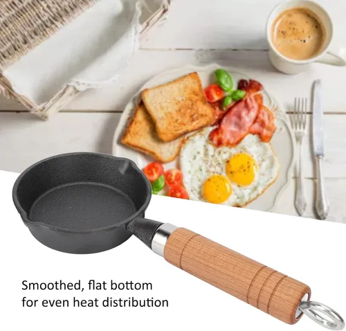 Vista 3 de Fdit Sartén, sartén de hierro fundido de 3.9 in con mango de madera, sartén para huevos, mini sartén para panqueques de fondo plano, utensilios