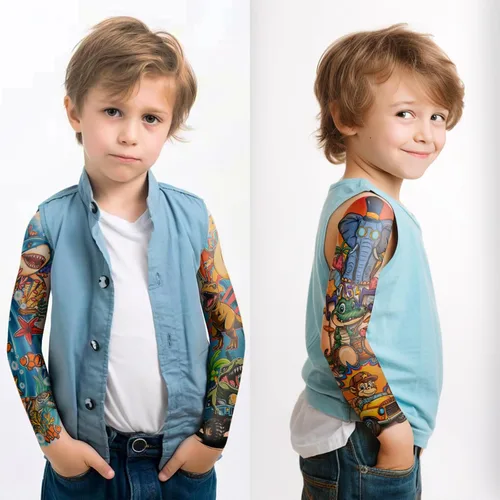 Vista 3 de 52 hojas de tatuajes temporales para niños, manga completa, dinosaurio, unicornio, tiburón, delfines, elefante, animal, cara, tatuajes falsos