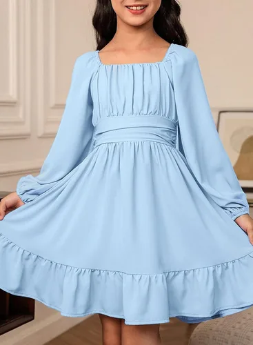 Vista 2 de blibean Vestido de manga larga con lazo en la espalda para niñas, vestido de otoño con hombros descubiertos, talla 6-15 años