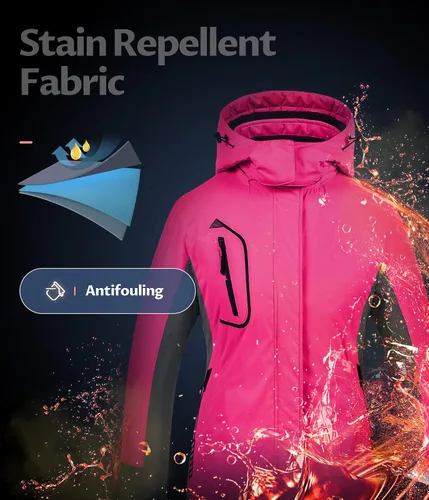 Vista 5 de CREATMO US Chaqueta de esquí impermeable de montaña para mujer, resistente al viento, chaqueta de snowboard cálida para invierno