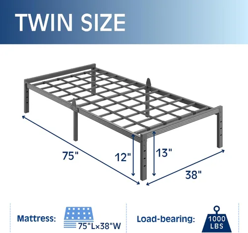 Vista 2 de 12 Inch Heavy Duty Black Metal Platform Bed Frame with Mattress Support, Twin Platform Bed Frame with Under Bed Storage, No Box Spring Needed, Easy