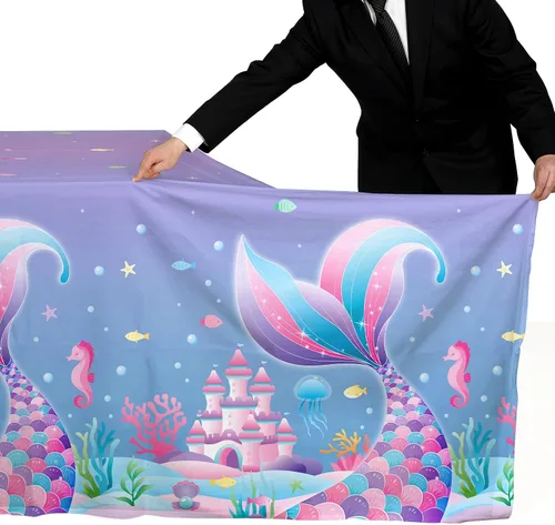 Vista 6 de Gatherfun Juego de suministros para fiesta de sirena: 2 manteles rectangulares de plástico, 54 x 108 pulgadas, patrón de sirena morado (degradado)