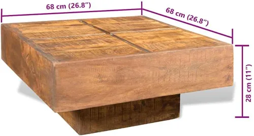 Vista 2 de Brown Solid Mango Wood Coffee Table, Square Antique Finish Small Side Table for Living Room, Durable Low Mesa de Centro para Sala, 26.8 x 26.8 Inch