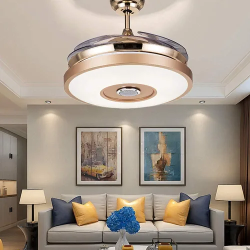 Vista 4 de Fandian Ventiladores de techo inteligentes modernos de 36 pulgadas con luz, candelabros con altavoz Bluetooth, 7 colores retráctiles con control