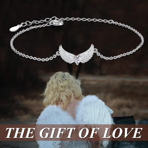 Vista 5 de YFN - Pulsera de alas de ángel de la guarda de plata de ley con forma de corazón para mujeres y niñas